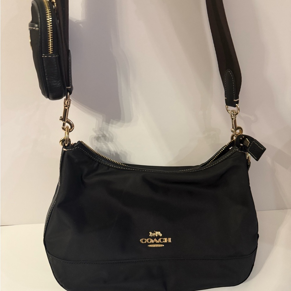 Coach Black Nylon Shoulder Bag with Gold Hardware and Removable Strap Pouch